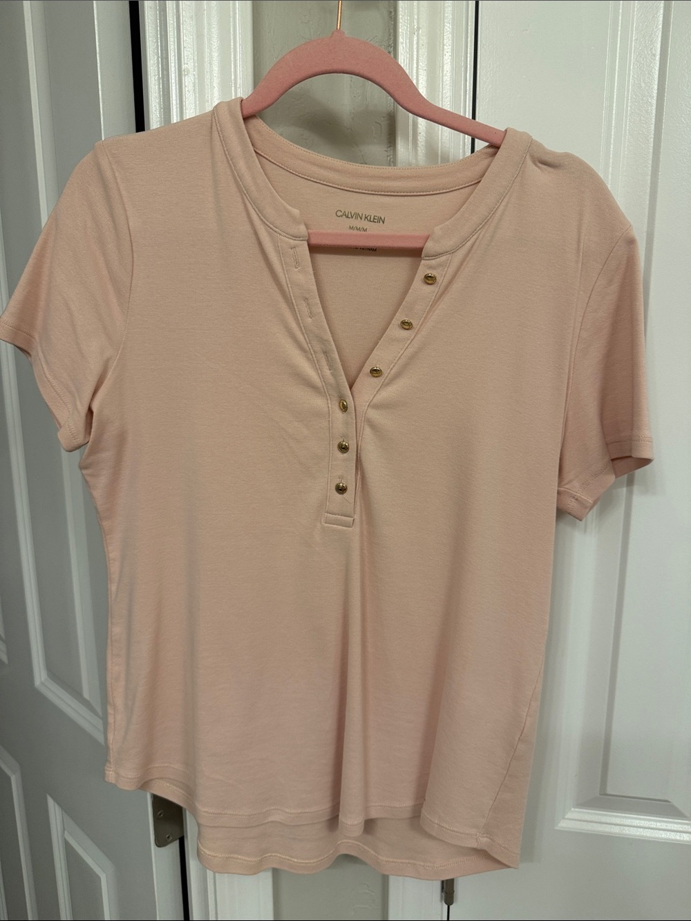 Calvin Klein Short Sleeve Henley Top in Pale Pink